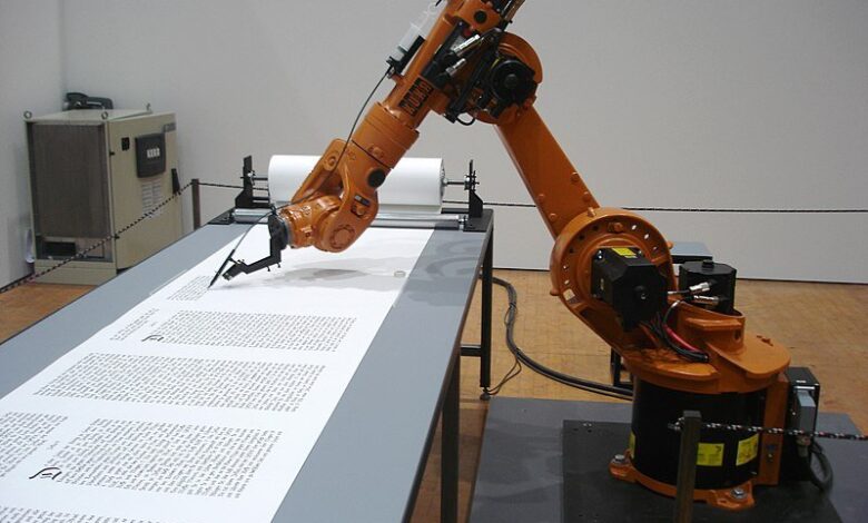 The Kuka robot is silently writing a version of the Martin Luther bible. Image credit: Marc Wathieu via Wikimedia, CC-BY-2.0