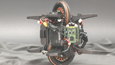 The Wheelbot is a reaction wheel-driven unicycle robot that uses brushless motors to self-erect after toppling. Image credit: arXiv:2207.06988 [cs.RO]