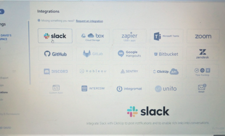 The Slack integration highlighted in the list of ClickUp integrations