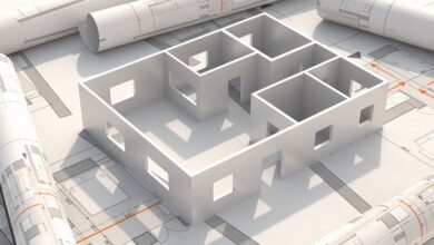 Residential building blueprint plans and house model. 3d illustration