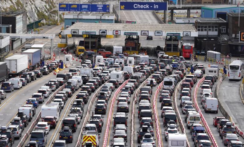 Cars queue at the check-in at the Port of Dover in Kent as many families embark on getaways at the start of summer holidays for many schools in England and Wales. Staffing at French border control at the Port of Dover is "woefully inadequate" causing holidaymakers to be stuck in long queues, the Kent port said. Picture date: Friday July 22, 2022.