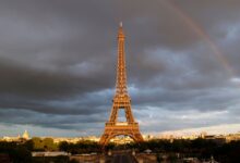 A rainbow appears at the Eiffel Tower in Paris