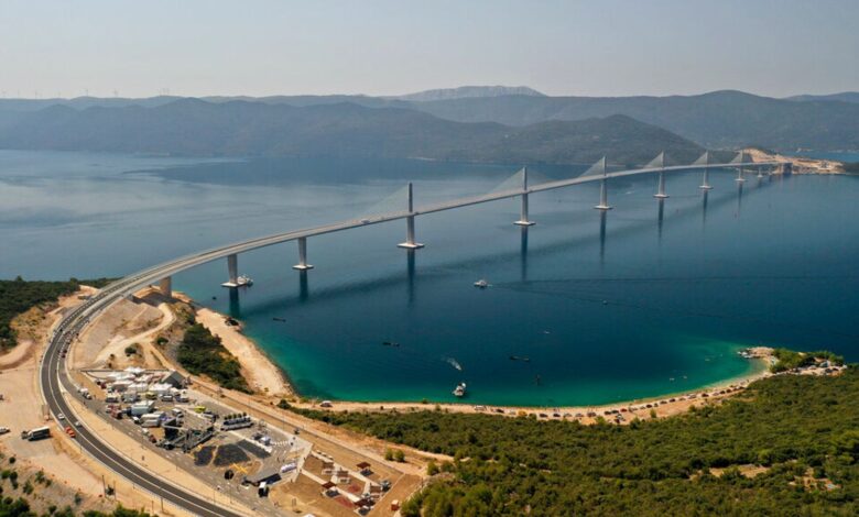 An aerial view of the newly built Peljesac Bridge in Komarna, southern Croatia. Pic: AP