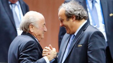 File picture of UEFA President Michel Platini (R) congratulating FIFA President Sepp Blatter after he was re-elected at the 65th FIFA Congress in Zurich, Switzerland, May 29, 2015.  Suspended FIFA President Blatter and European soccer boss Platini were both banned for eight years December 21, 2015 by FIFA's Ethics Committee. The pair, who have also been fined, had been suspended for 90 days in October while an investigation was carried out into a 2 million Swiss franc ($2.02 million) payment by FIFA to Platini in 2011. Both men have denied any wrongdoing.    REUTERS/Arnd Wiegmann TPX IMAGES OF THE DAY