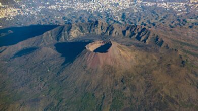Italy volcano Vesuvius seen from above. Mount Vesuvius is a somma-stratovolcano located on the Gulf of Naples in Campania, Italy.