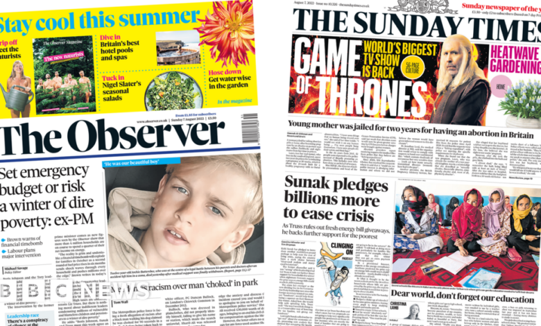 Newspaper headline: Sunak pledges billions of dollars and warns of winter poverty