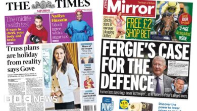 Newspaper headline: Gove backs Sunak and Fergie called Giggs witness