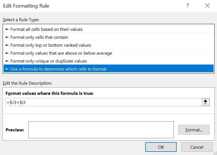 Select the Open Rule Type menu in Excel with Use formulas to determine the cells to be formatted selected