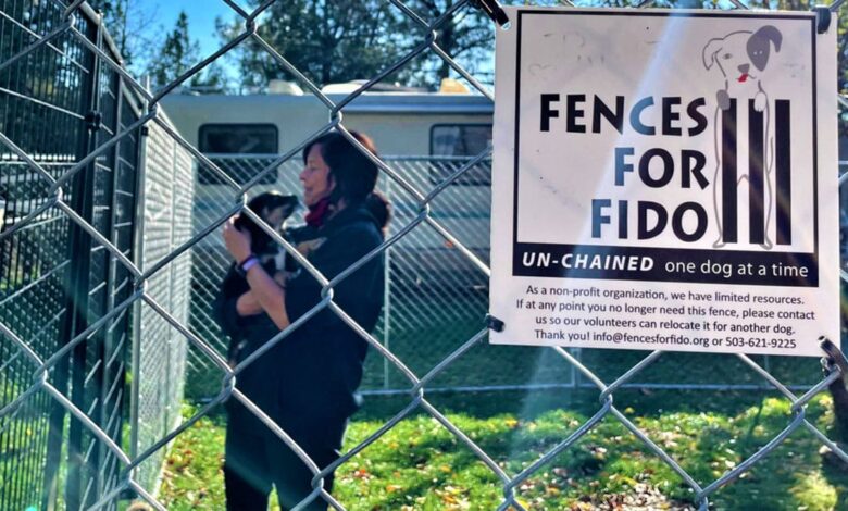 Fido fence for dog release from life on leash, one fence at a time
