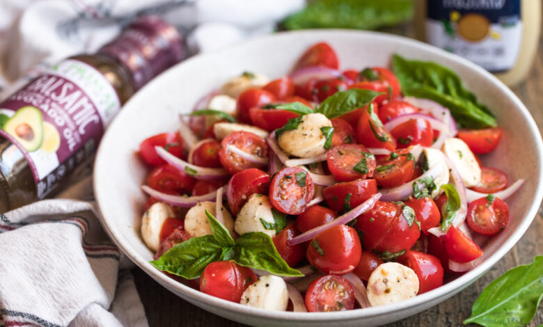 cherry tomato salad with balsamic in white bowl