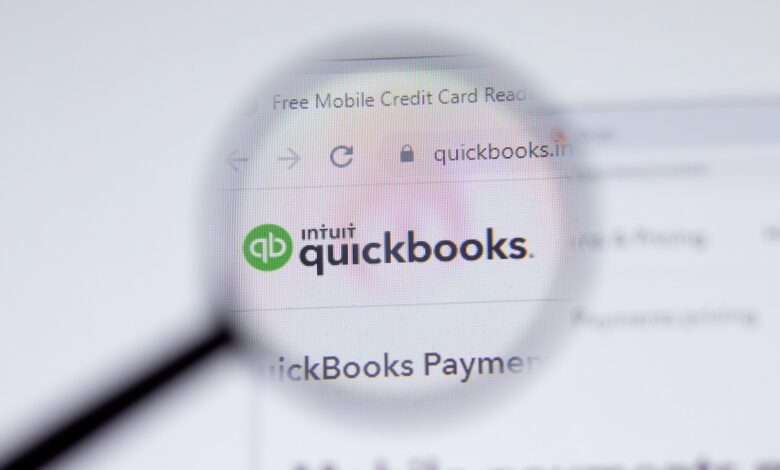 New York, USA - 17 February 2021: Intuit Quickbooks logo close up on website page, Illustrative Editorial.