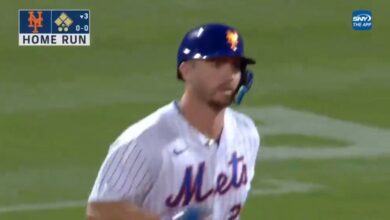 Pete Alonso mashes a 409-foot home run into deep left-center field