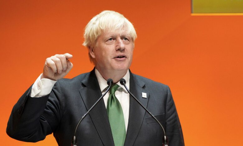 British Prime Minister Boris Johnson speaks at the the Commonwealth Business Forum at the ICC in Birmingham, England, Thursday, July 28, 2022. (Peter Byrne/Pool Photo via AP)