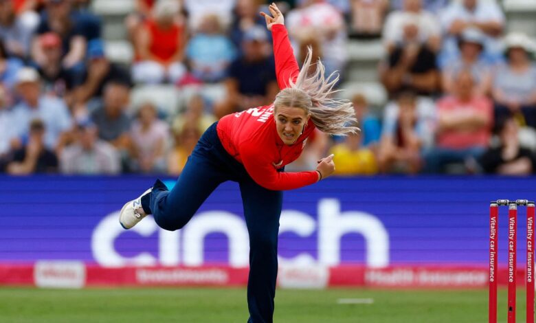 Cricket - Women's Twenty20 International Series - England v South Africa - New Road, Worcester, Britain - July 23, 2022 England's Sarah Glenn in action Action Images via Reuters/Andrew Boyers