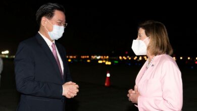 Nancy Pelosi was welcomed to Taiwan by the self-rule island's foreign minister Joseph Wu