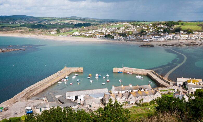 The View From St Michael's Mount Of Penzance In Cornwall England With The Walkway Covered By The High Tide