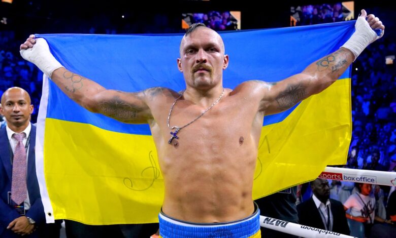 Oleksandr Usyk celebrates after winning the World Heavyweight Championship WBA Super IBF, IBO and WBO fight against Anthony Joshua at the King Abdullah Sport City Stadium in Jeddah, Saudi Arabia. Picture date: Saturday August 20, 2022.