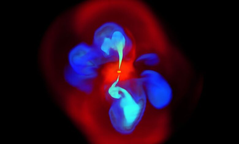 A still image taken from the 3D simulation of the natural development of an X-shaped jet. The gas (bright red) falls into the black hole, which launches a pair of relativistic jets (light blue). The jets propagate vertically and shock the ambient gas (dark red) The older cavities (dark blue) buoyantly rise at an angle to the vertically propagating jets to form the X-shape. Image credit: Northwestern University