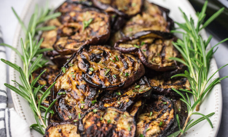 grilled eggplant on white plate