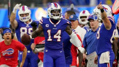 Buffalo Bills full-back Josh Allen connects with Stefon Diggs on a 53-yard touchdown pass