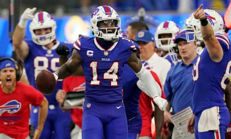 Buffalo Bills full-back Josh Allen connects with Stefon Diggs on a 53-yard touchdown pass