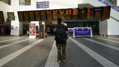 A passenger looks at message boards at Birmingham New Street Station, as members of the Rail, Maritime and Transport union (RMT) take part in a fresh strike over jobs, pay and conditions. Picture date: Wednesday July 27, 2022.