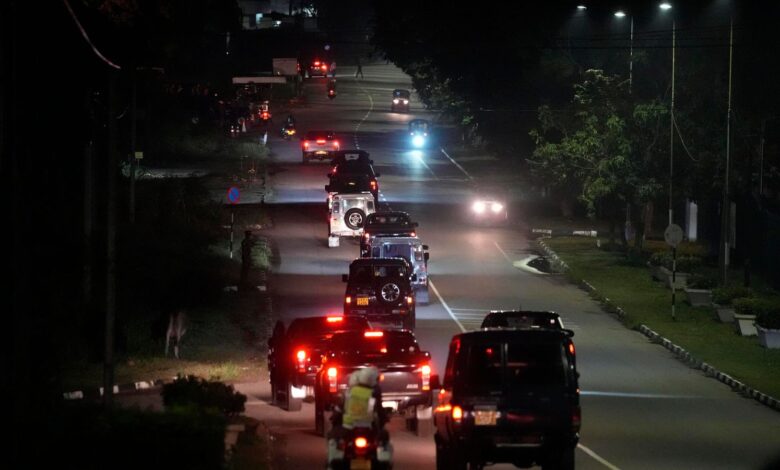 A motorcade which is believed to be conveying Sri Lanka's former president Gotabaya Rajapaksa leaves the Bandaranaike International airport in Colombo, Sri Lanka. Pic: AP