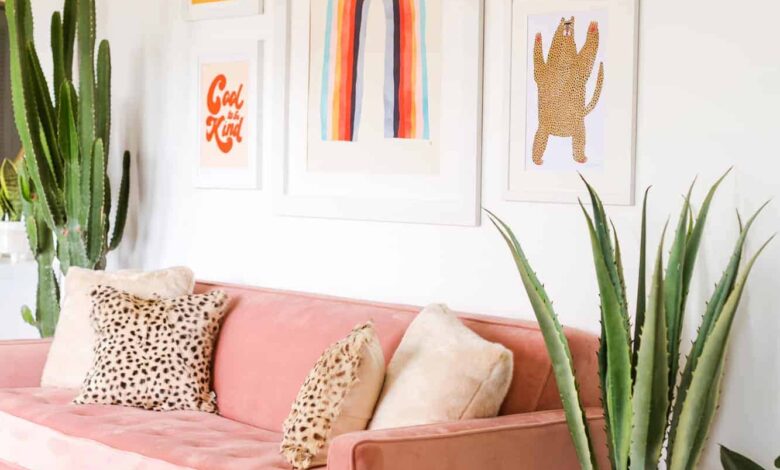 a pink couch with 4 pillows on it and 5 art pictures hanging above it on the wall