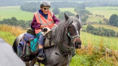 Her 80-year-old and disabled Jack Russel makes the annual 600-mile ride on horseback