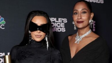 Kim Kardashian attends Tracee Ellis Ross's costumeless birthday dinner with a ghostly look