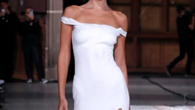 Bella Hadid wears nude body spray dress at Paris fashion week