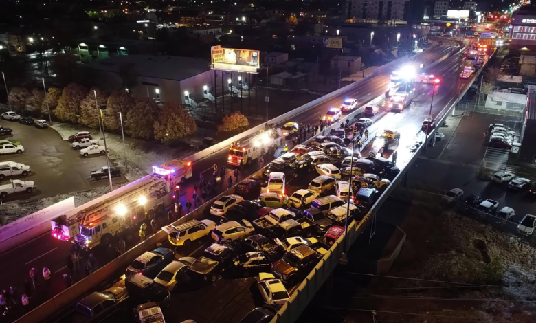 A pile of 100 cars in Denver after the first snow of the season