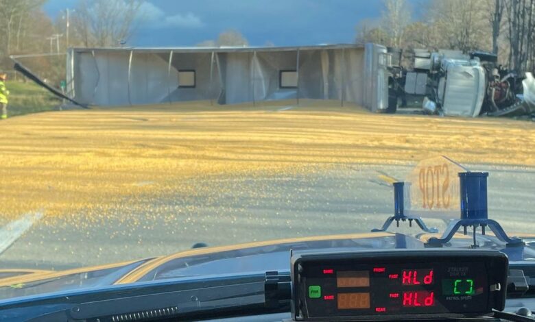 One person dies in collision with truck carrying 80,000 pounds of corn