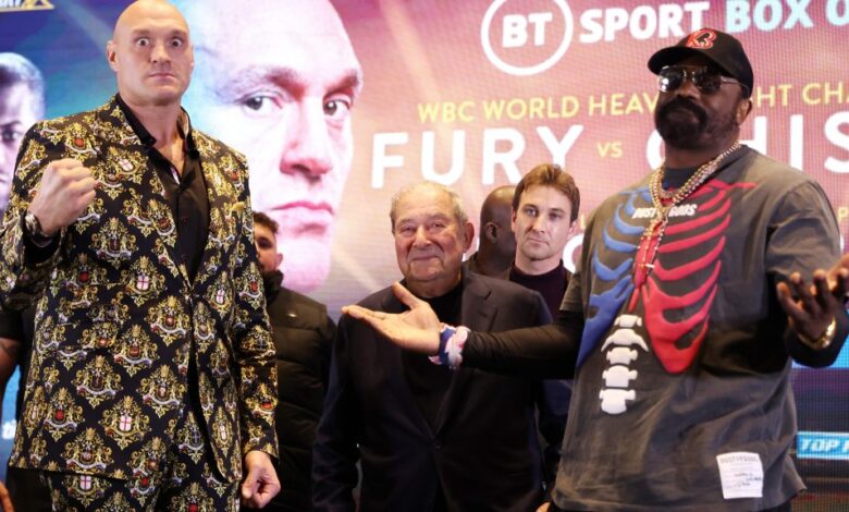 Pictured: Tyson Fury and Derek Chisora's final press conference ahead of their third fight