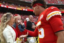 Patrick and Brittany Mahomes' daughter Sterling meets her bronze newborn brother in this sweet photo