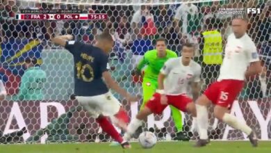 Kylian Mbappé scores to give France a 2-0 lead over Poland