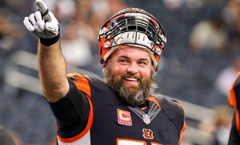 Bengals coach Zac Taylor chuckles during Andrew Whitworth's reunion talk