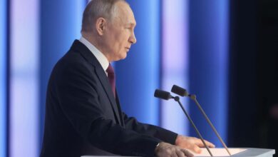 Russian President Vladimir Putin speaks during a state of the nation address in Moscow, on February 21.