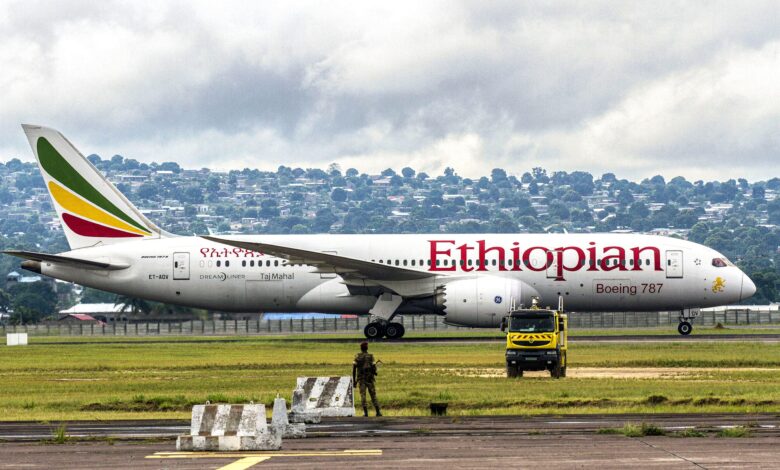 A Boeing 787 of Ethiopian Airlines lands at Brazzaville's Maya-Maya airport on February 17, 2018.