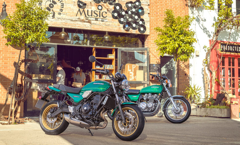 A vintage Kawasaki and a new Z650 RS in green.