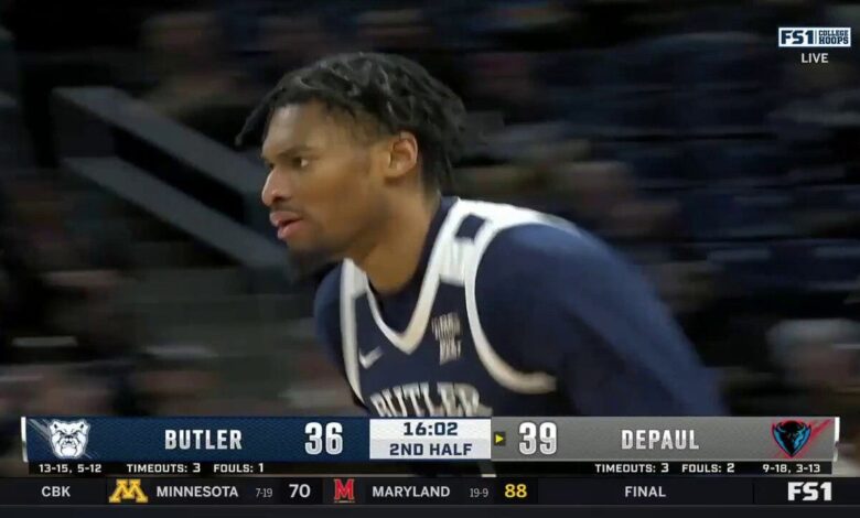 Jalen Thomas throws down a powerful two-handed jam for Butler vs. DePaul