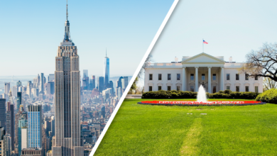 Split image of Empire State Building and The White House