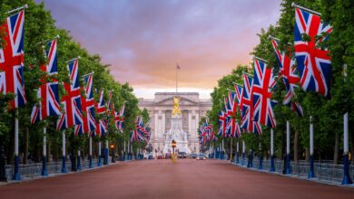 Buckingham Palace, The Mall, Union Flags, London, England