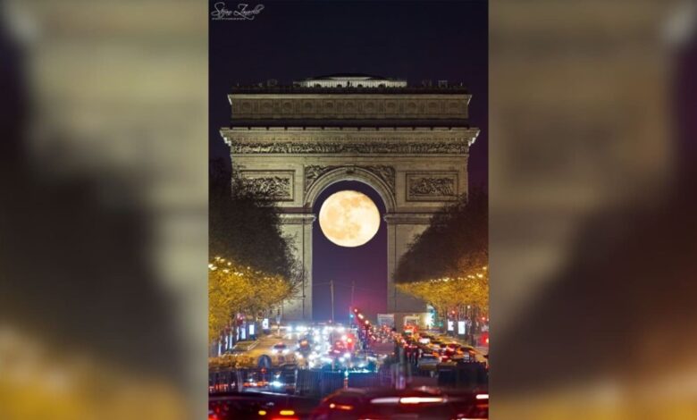 NASA astrophotography on April 26, 2023: Full moon shoots over the Arc de Triomphe