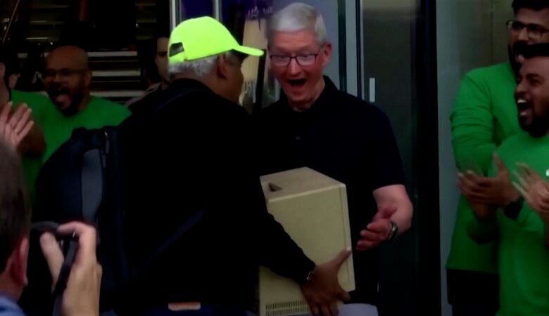 The Apple CEO was given an original Macintosh.  See his reaction