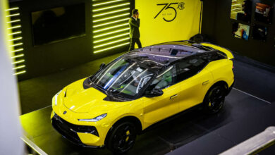 Lotus Eletre EV and Emira sports car title BSC event - close-up with electric SUV, May 10-14