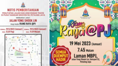 PJ State's Jalan Yong Shook Lin is closed tomorrow for MBPJ Riang Raya to open, midnight onwards
