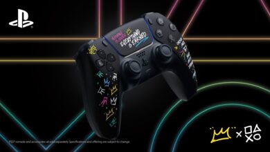 Image of the LeBron James Limited Edition DualSense wireless controller on a black background, with icons of PlayStation and the LeBron James crown