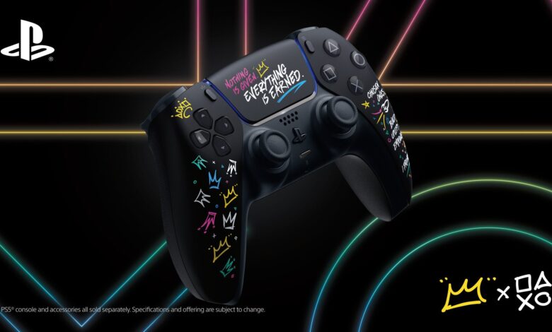 Image of the LeBron James Limited Edition DualSense wireless controller on a black background, with icons of PlayStation and the LeBron James crown