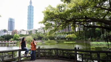 Chinese man and woman talking in a park